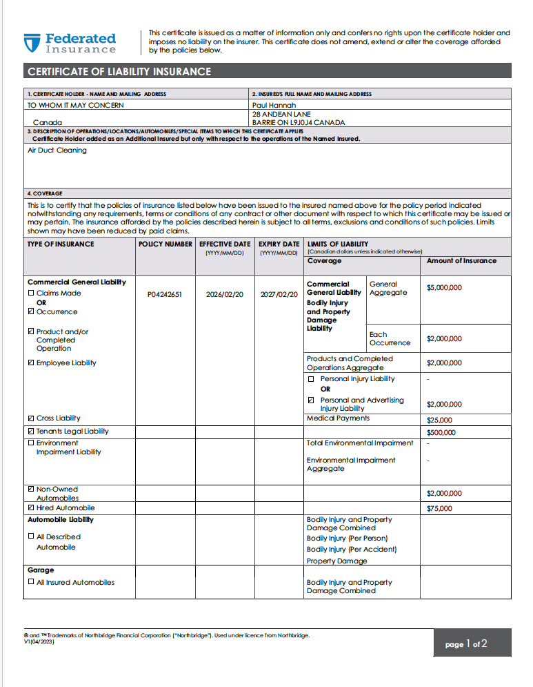 Business Insurance Certificate Page 1