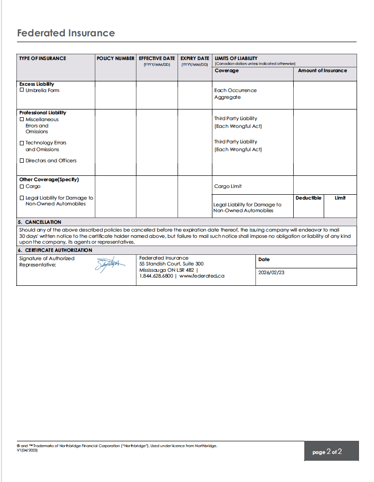 Business Insurance Certificate Page 2